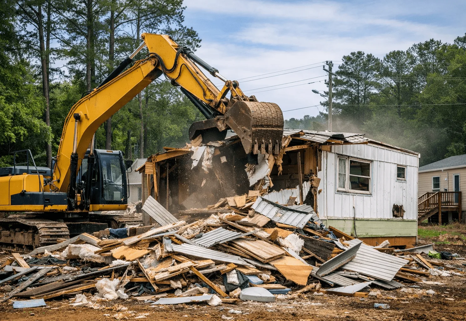 Excavator tearing down a white single-wide mobile home with the debris piled in front